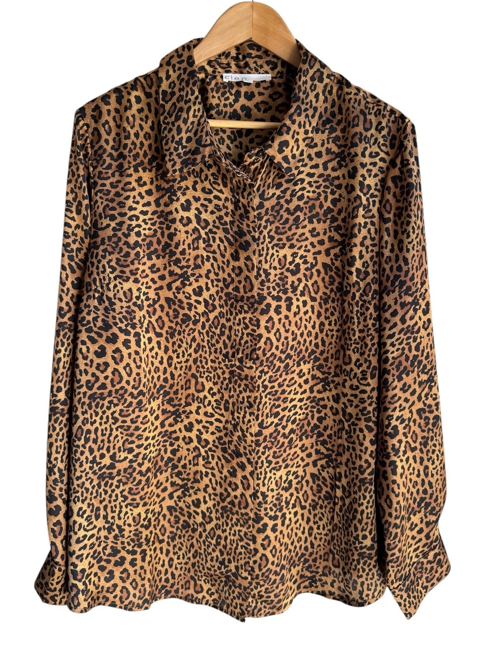 Cleo Satin Leopard Print Top XXL Dark Neutrals Long Sleeve Button Down Shirt EUC